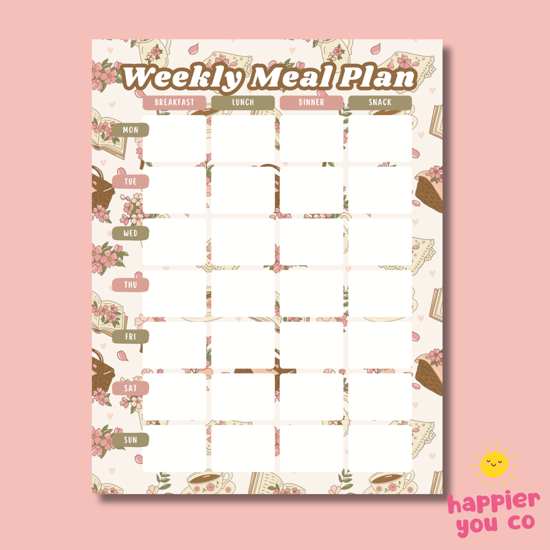 Weekly meal plan template with floral and food illustrations on a pink background