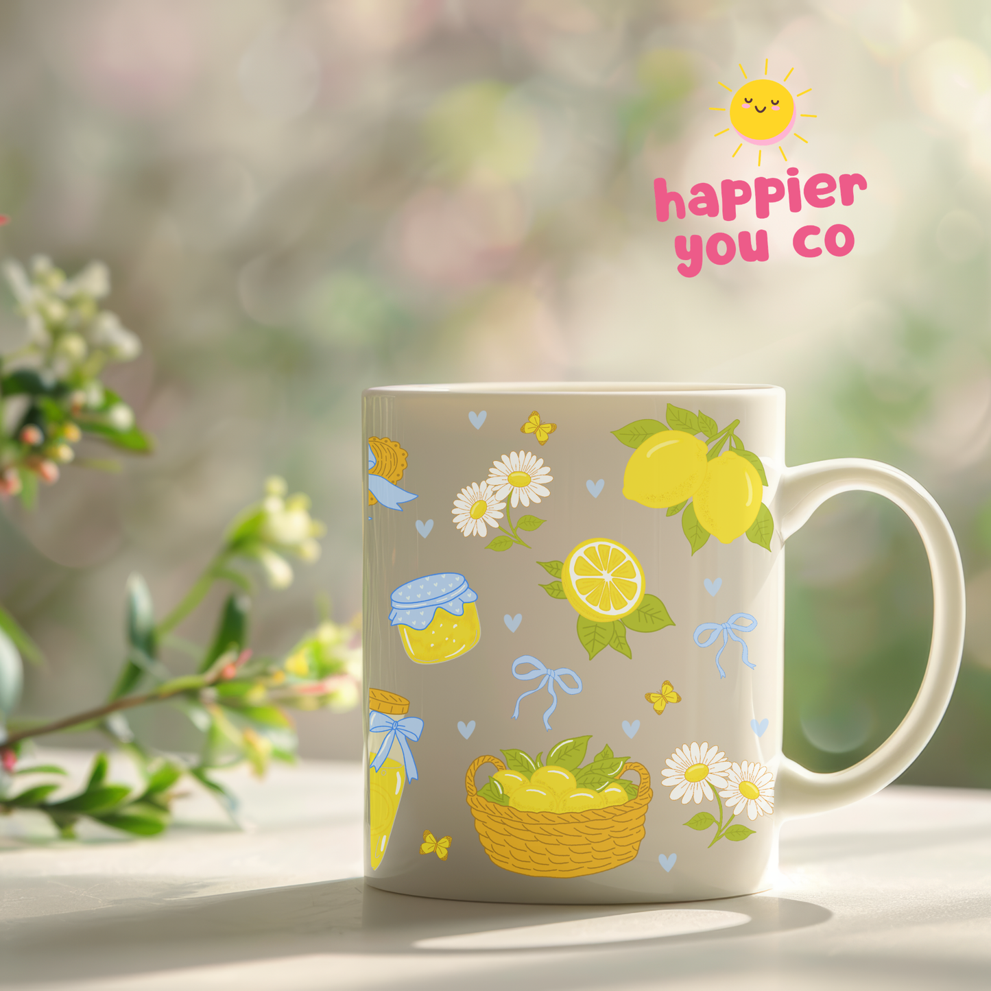 Mug with lemon and flower design on a blurred natural background