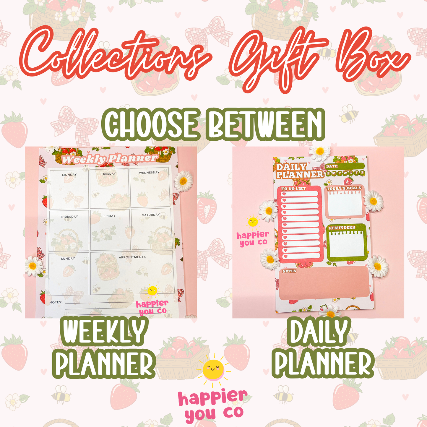 Planner gift box with weekly and daily planner designs on a decorative background.