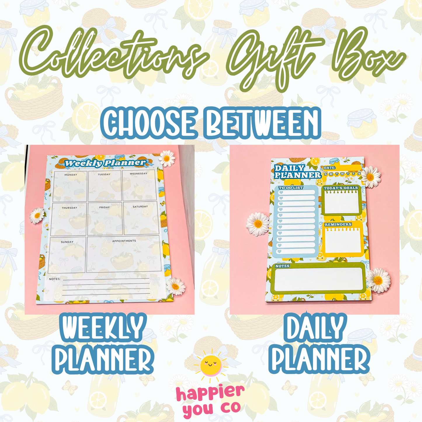Two planners labeled 'Weekly Planner' and 'Daily Planner' with a floral background and 'happier you co' branding.