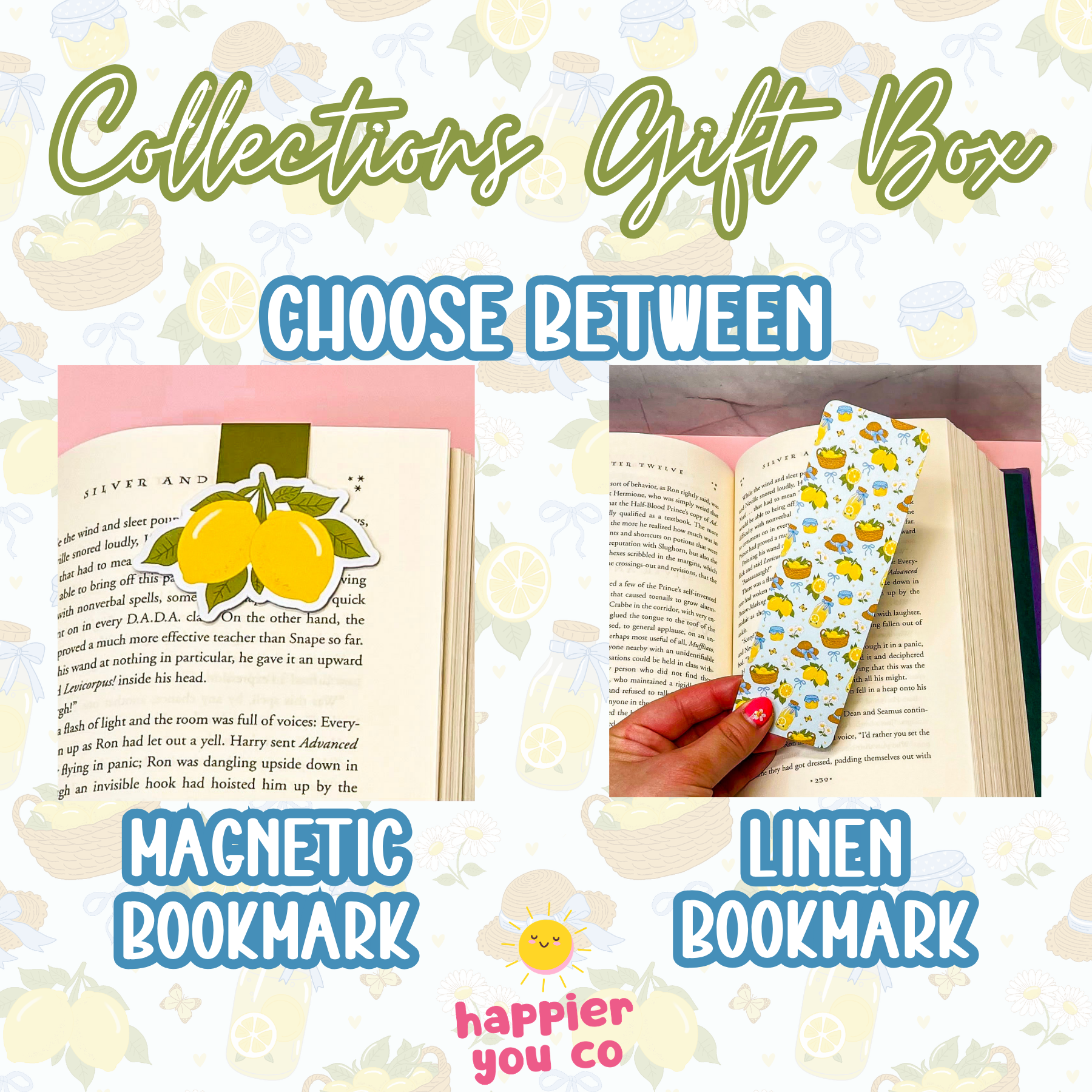 Promotional image for 'Collections Gift Box' with magnetic and linen bookmarks, featuring 'happier you co' branding.