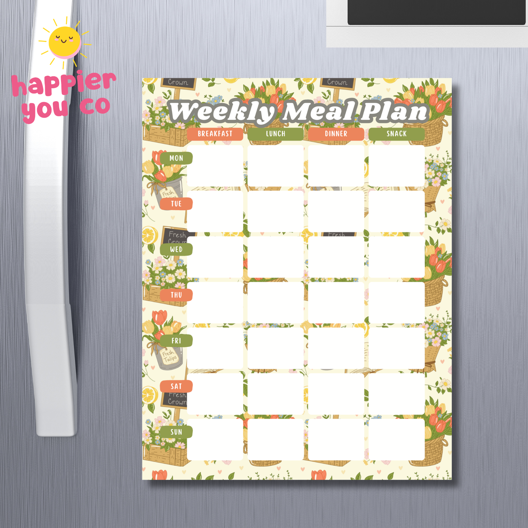 Weekly meal plan chart on a refrigerator with 'happier you co' branding.
