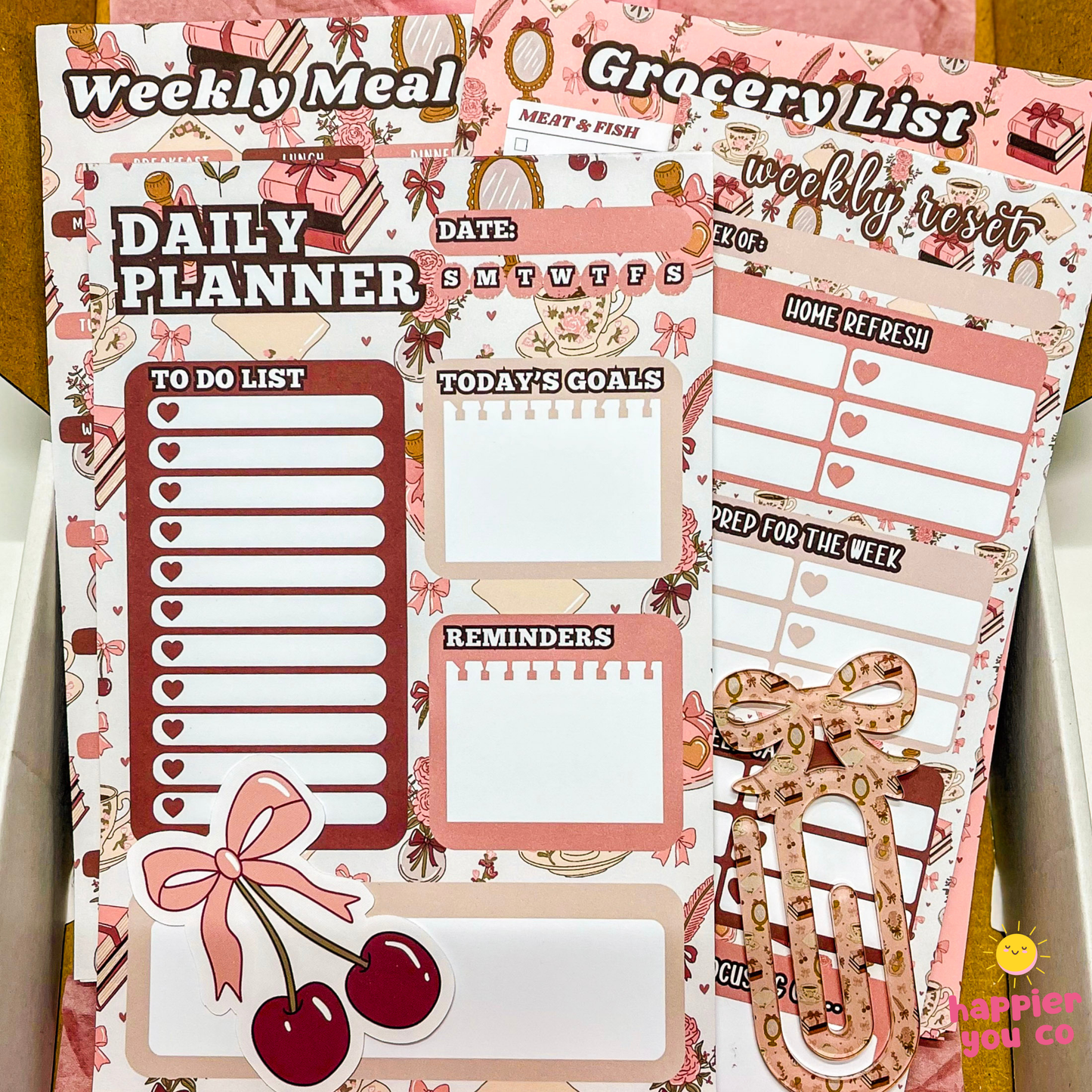 Set of planner stickers with various designs including a daily planner, grocery list, and to-do list.