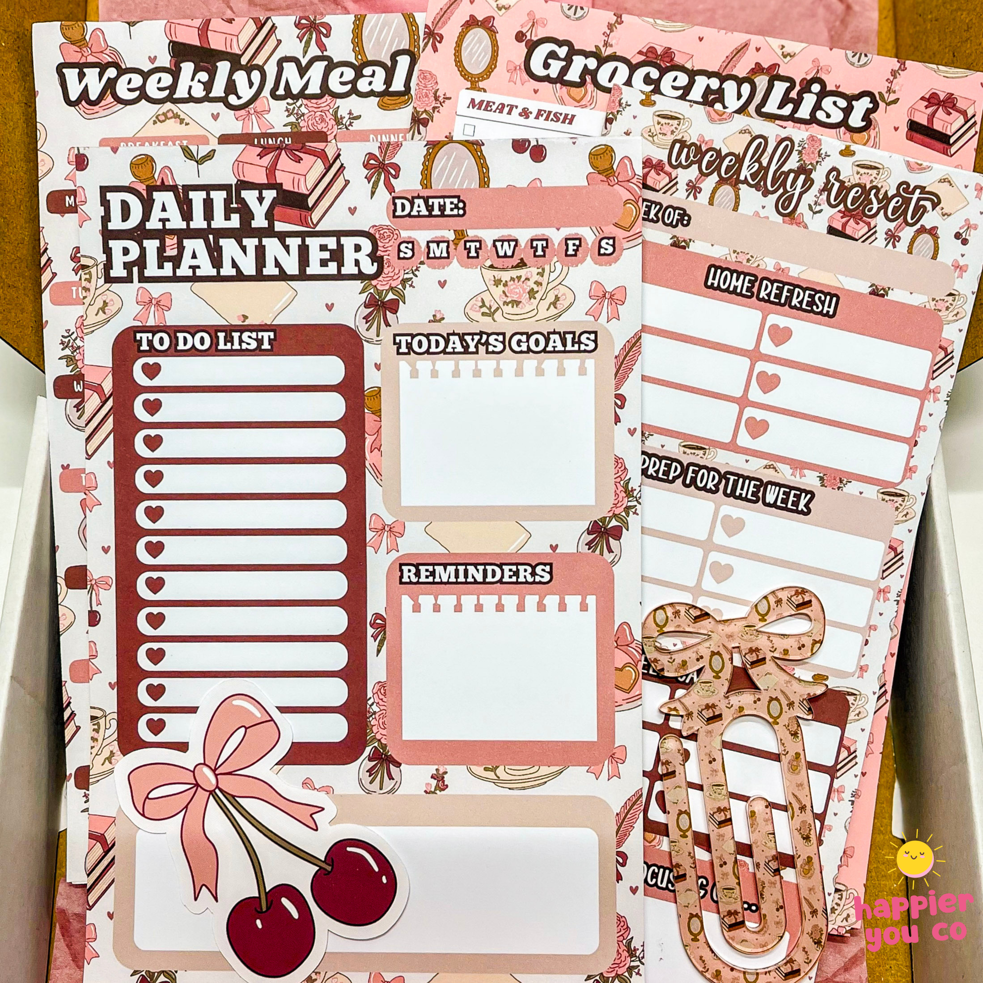 Set of planner stickers with various designs including a daily planner, grocery list, and to-do list.
