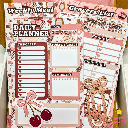 Set of planner stickers with various designs including a daily planner, grocery list, and to-do list.