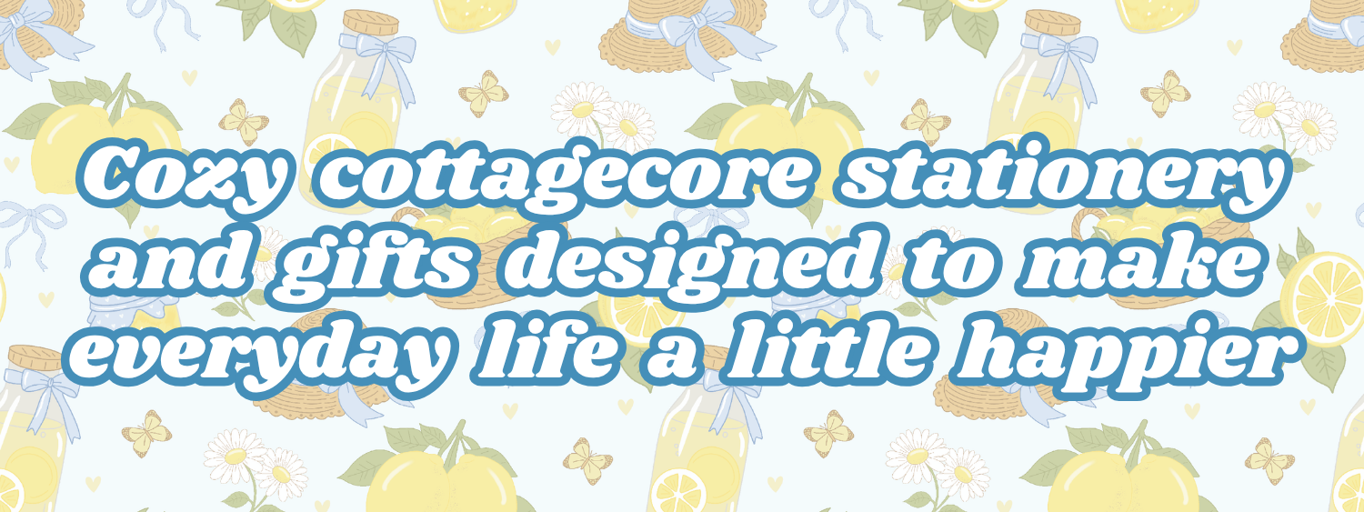 Text overlay on a patterned background with lemon illustrations and text about cozy cottagecore stationery.
