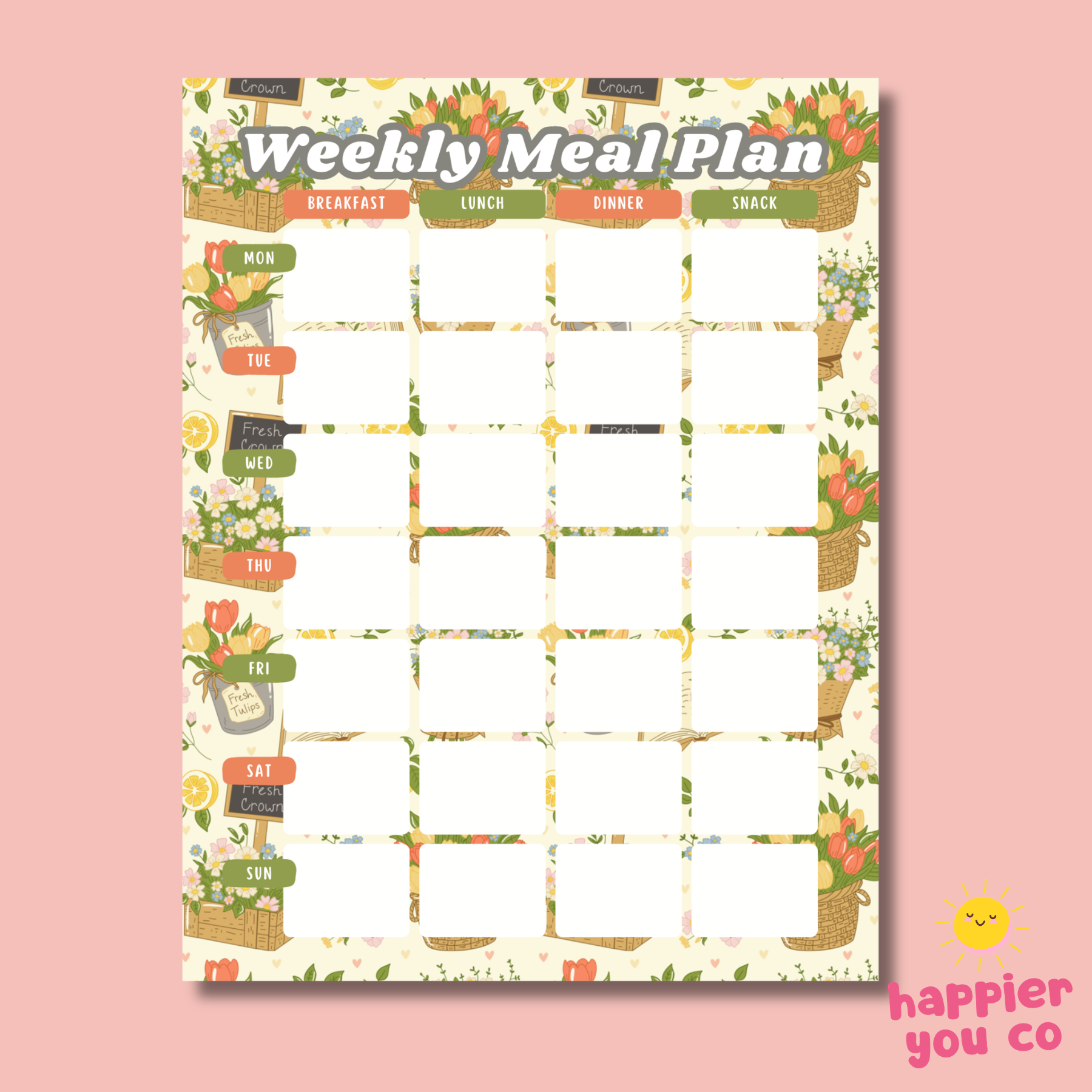 Weekly meal plan chart with colorful illustrations on a pink background