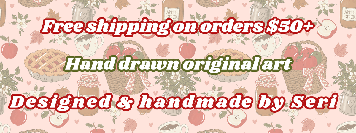 A repeating patterned banner with the text 'Free shipping on orders $50+ Hand drawn original art Designed & handmade by Seri' in red and green lettering over a light pink background with illustrations of apples, baskets, and small decorative motifs.