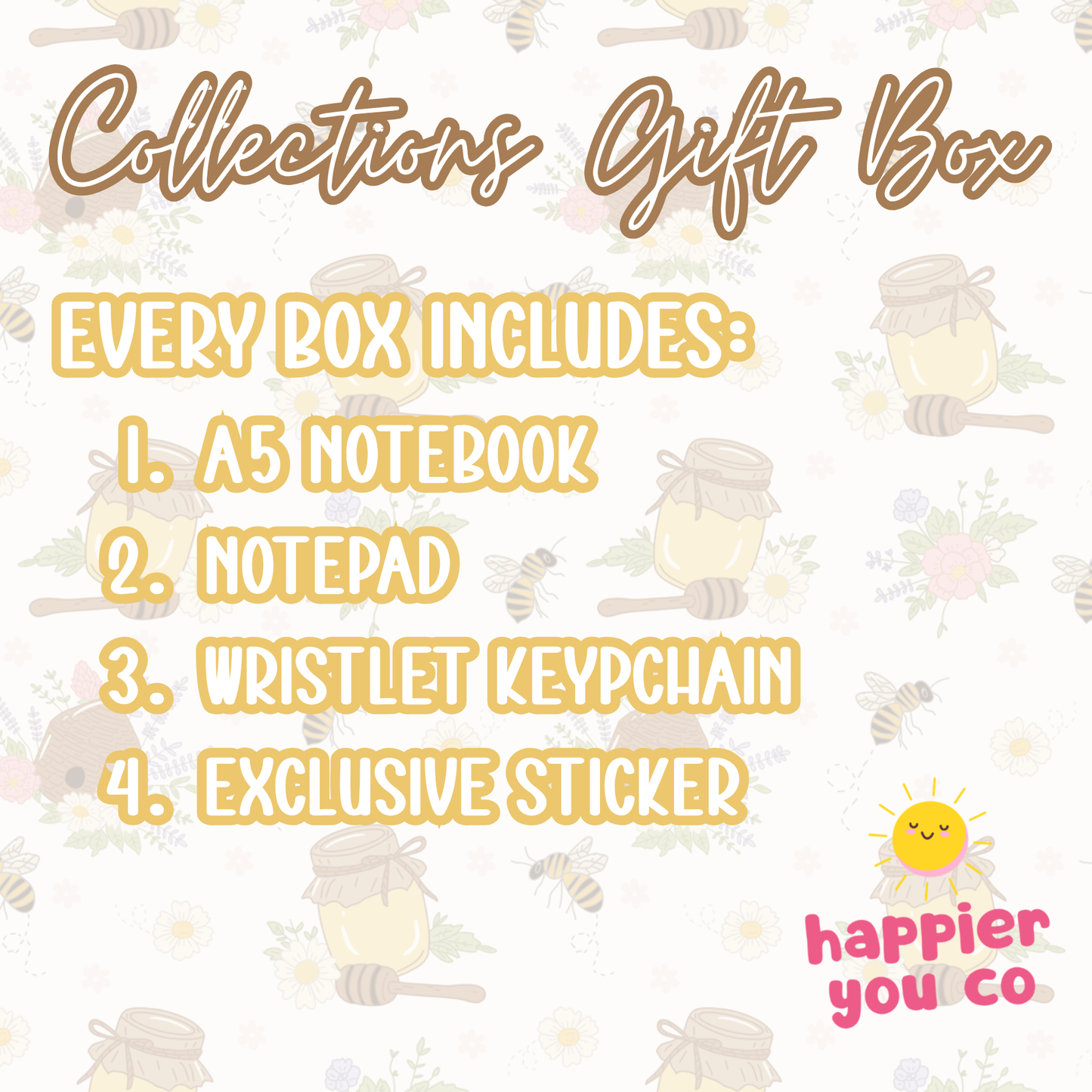 Gift box collection description with honey jar design and 'happier you co' branding.