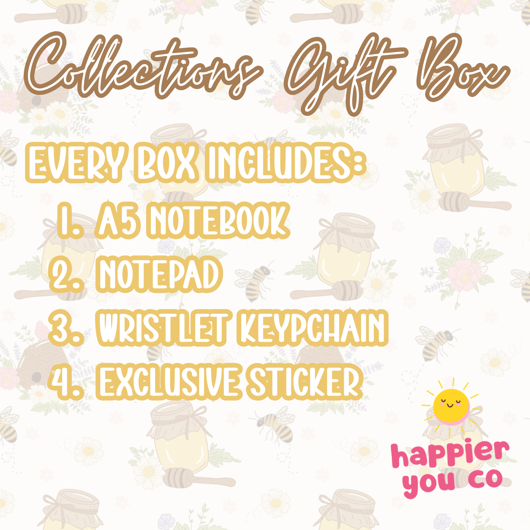 Gift box collection description with honey jar design and 'happier you co' branding.
