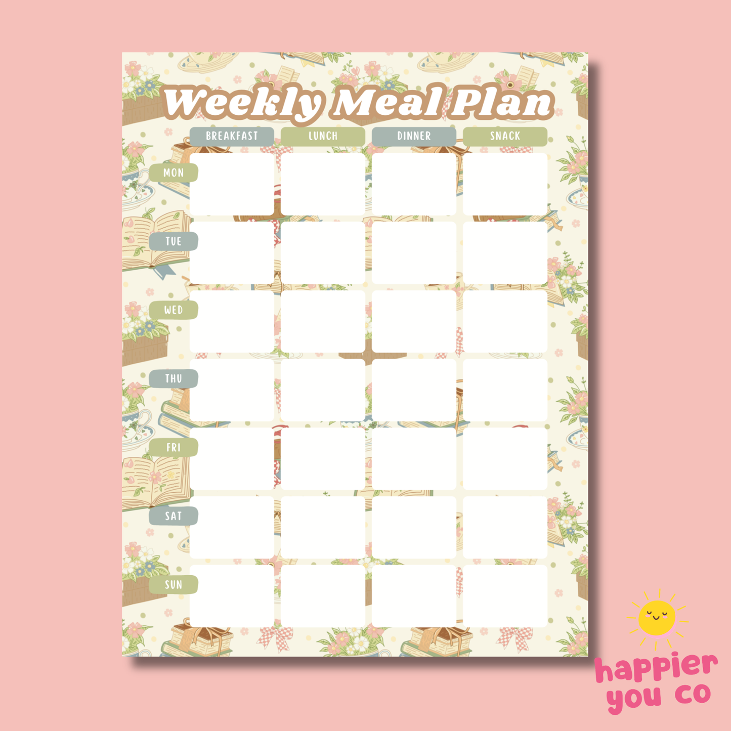 Weekly meal plan chart with breakfast, lunch, dinner, and snack sections on a pink background.