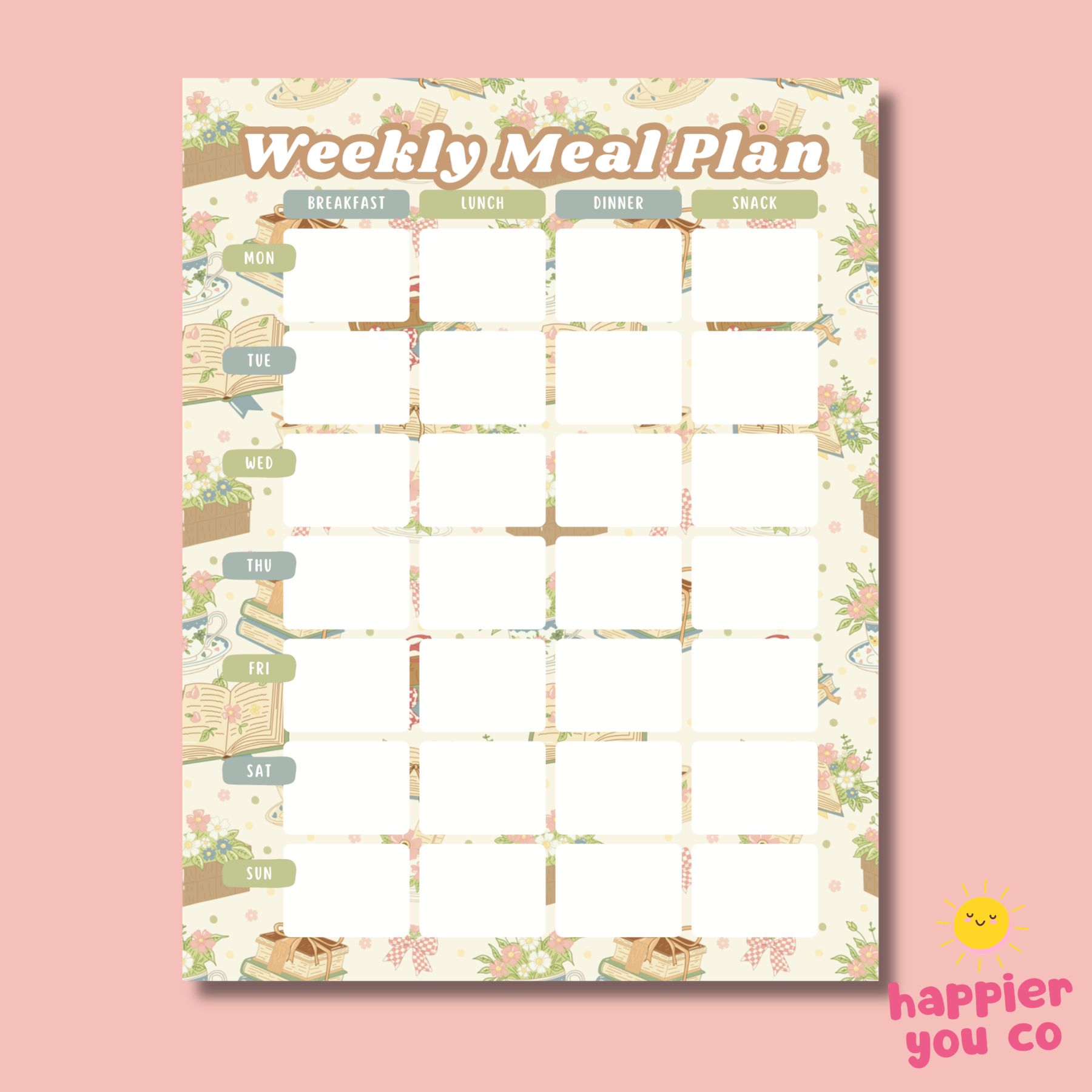 Weekly meal plan chart with breakfast, lunch, dinner, and snack sections on a pink background.