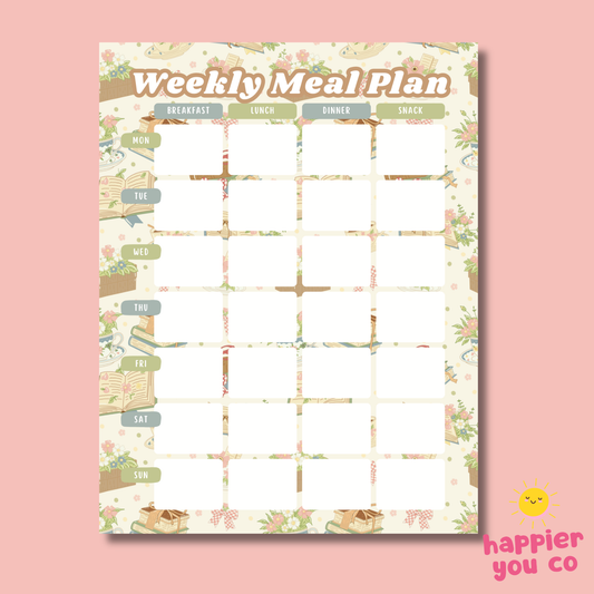 Weekly meal plan chart with breakfast, lunch, dinner, and snack sections on a pink background.