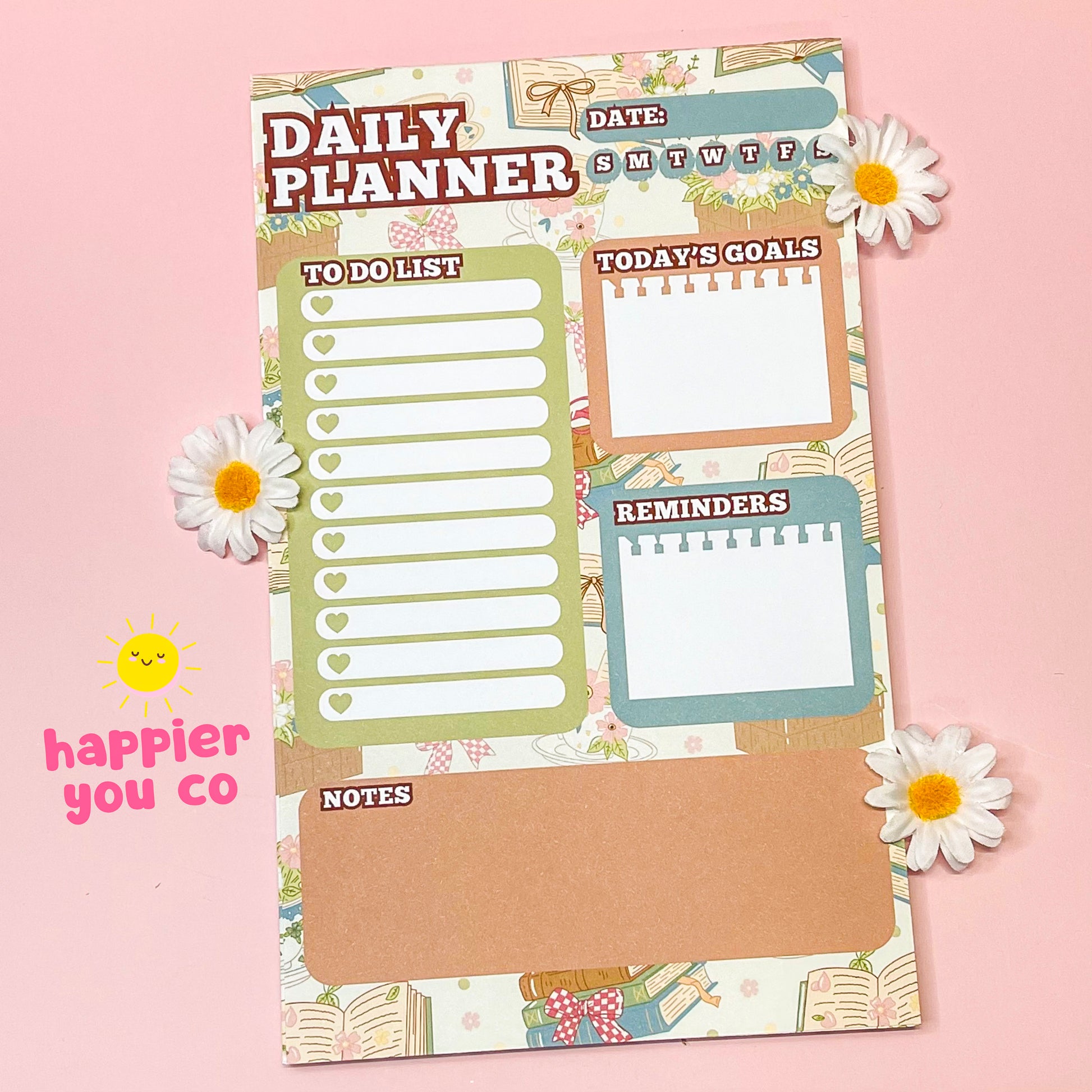 Daily planner sheet with various sections on a pink background with flowers.