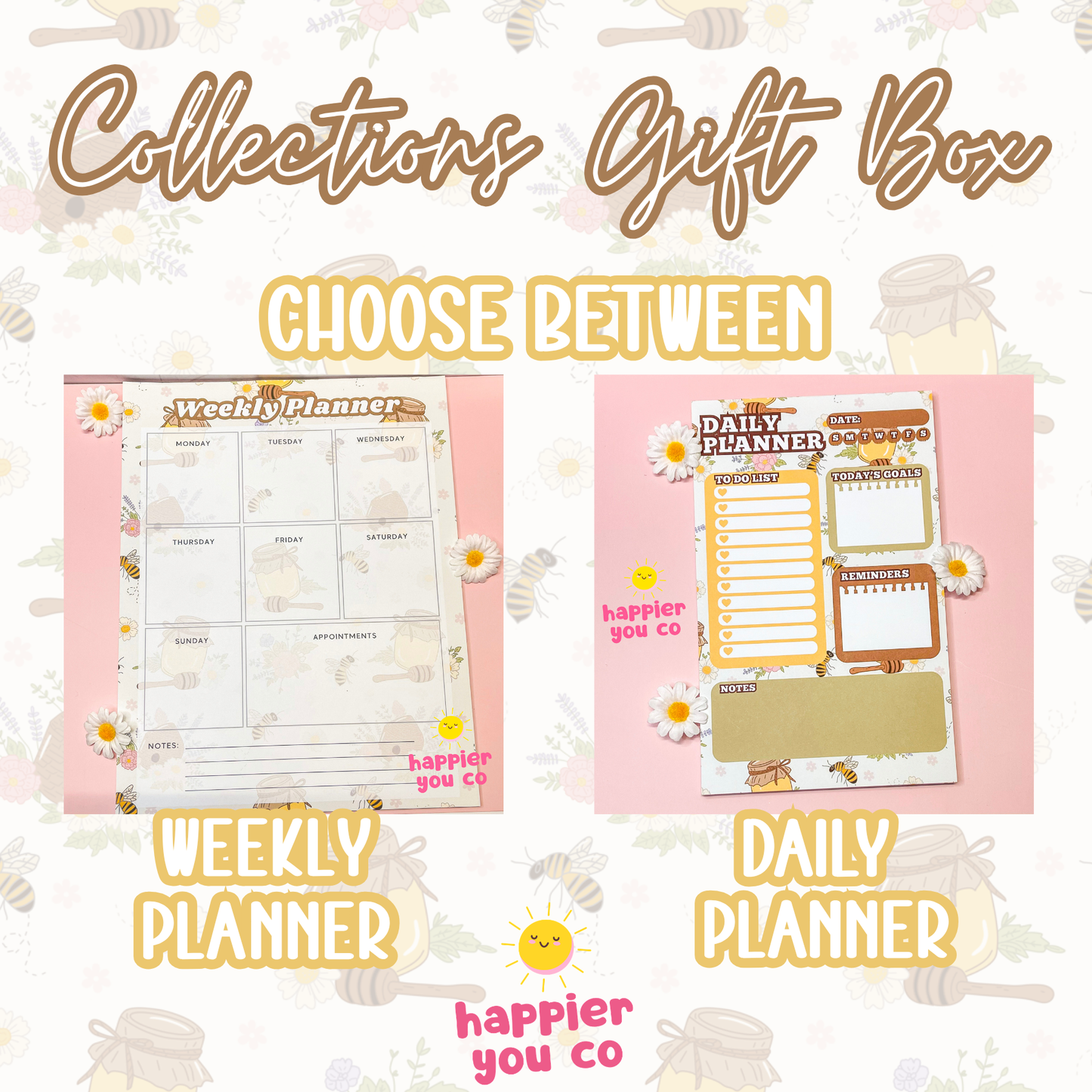 Two planners, one weekly and one daily, with 'happier you co' branding on a decorative background.