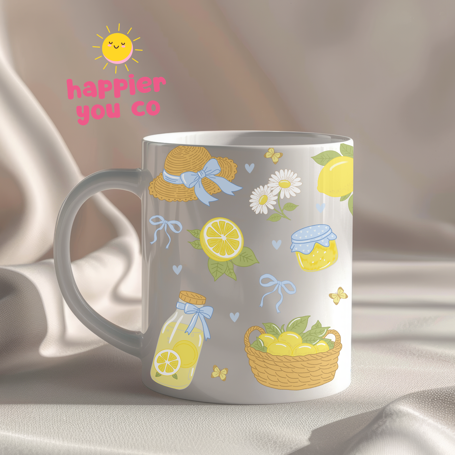 Mug with lemon and flower design on a neutral background