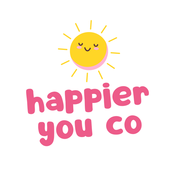 Sun with a smiley face and 'happier you co' text on a white background