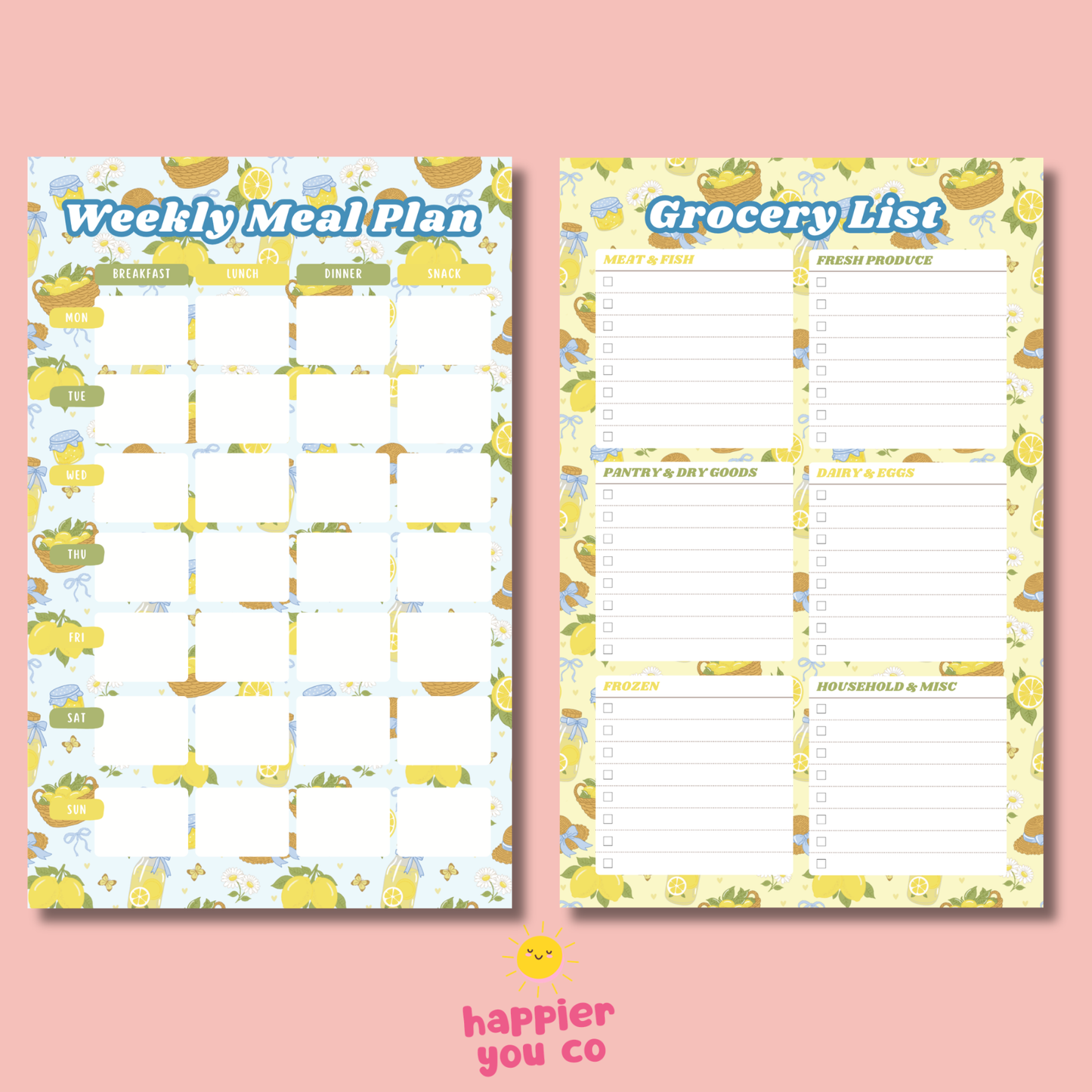 Two planner sheets for weekly meal planning and grocery list on a pink background with 'happier you co' branding.