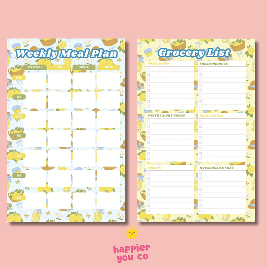 Two planner sheets for weekly meal planning and grocery list on a pink background with 'happier you co' branding.
