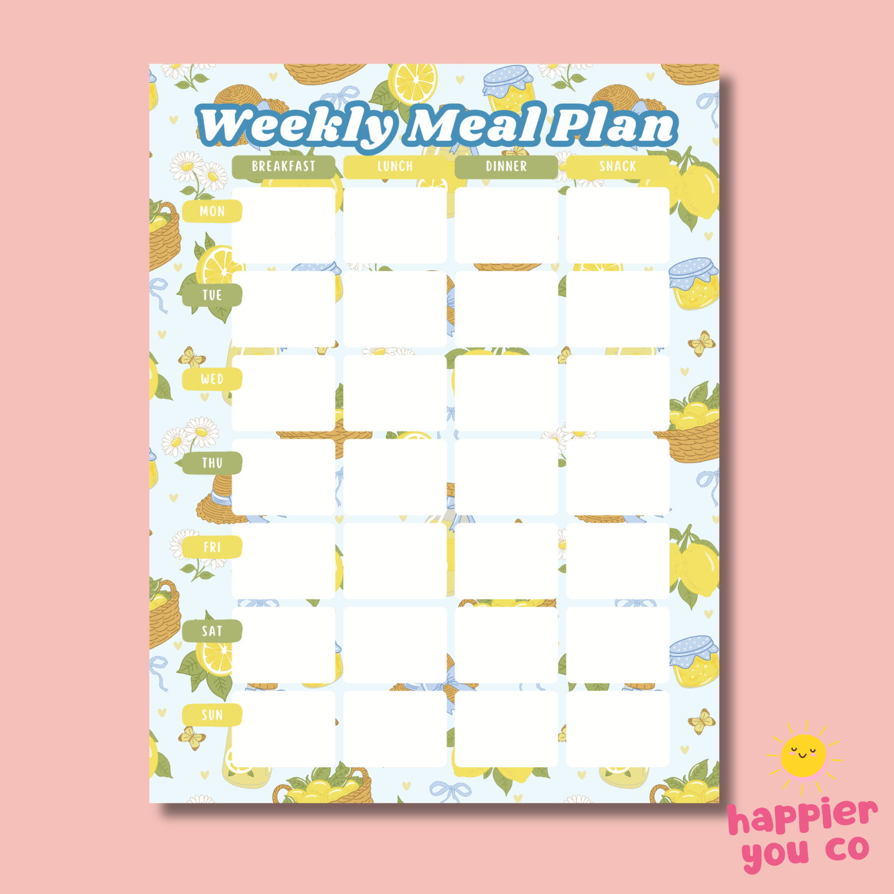 Weekly meal plan sheet with lemon illustrations on a pink background
