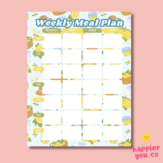 Weekly meal plan sheet with lemon illustrations on a pink background