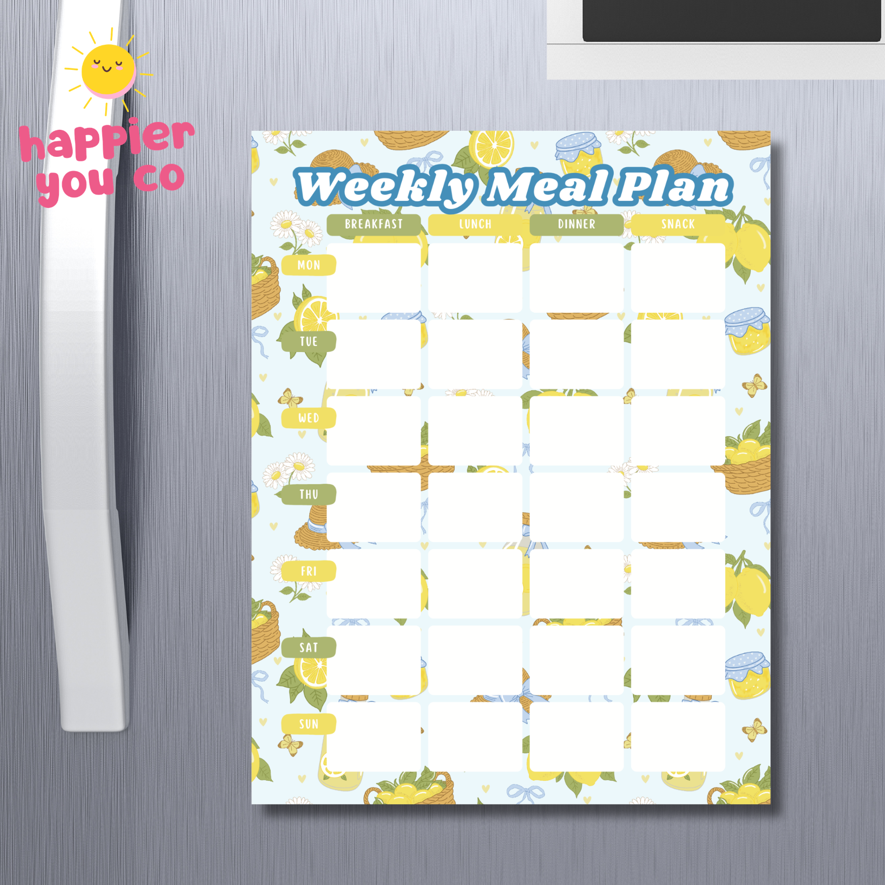 Weekly meal plan chart on a refrigerator with 'happier you co' branding.