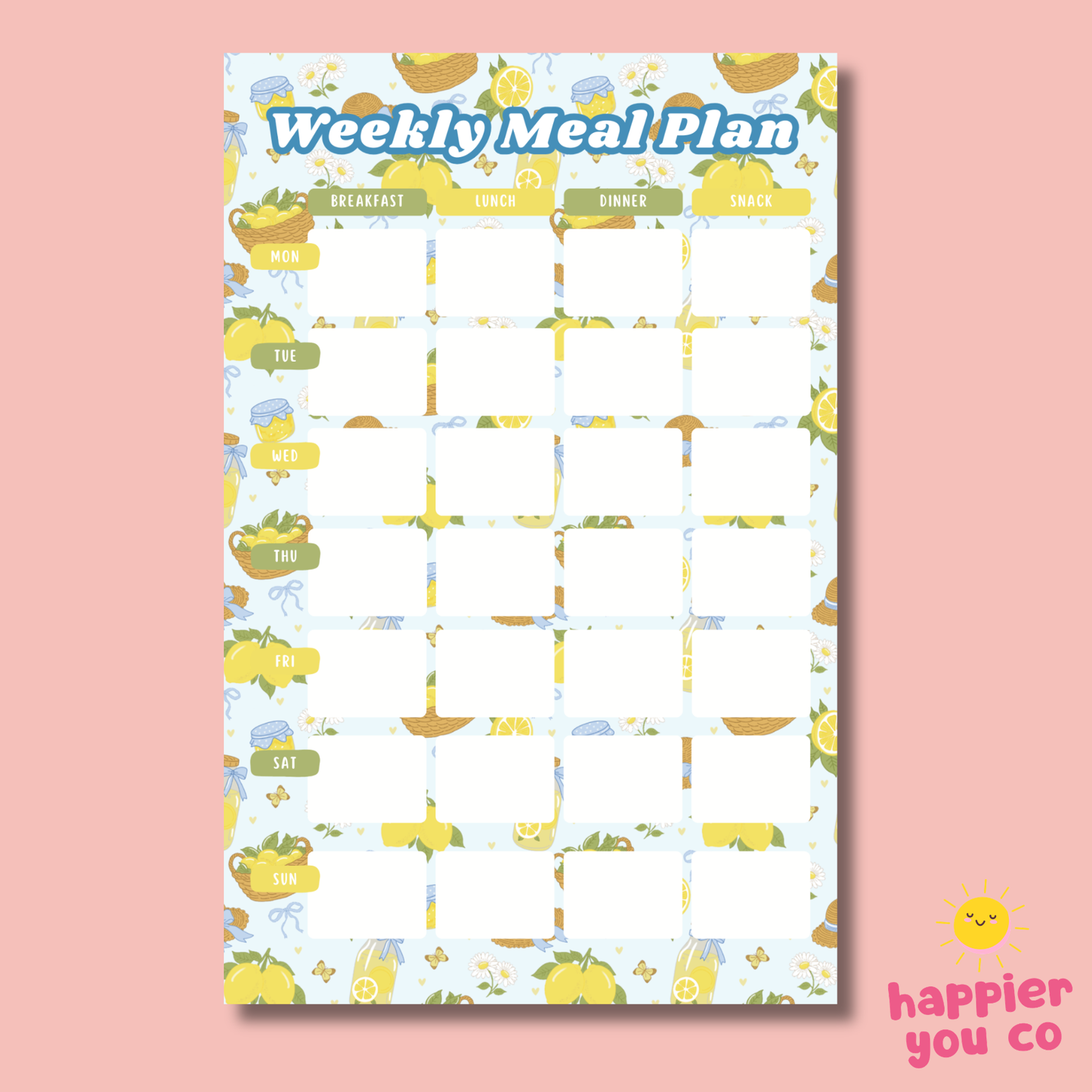 Weekly meal plan template with cartoon food illustrations on a pink background