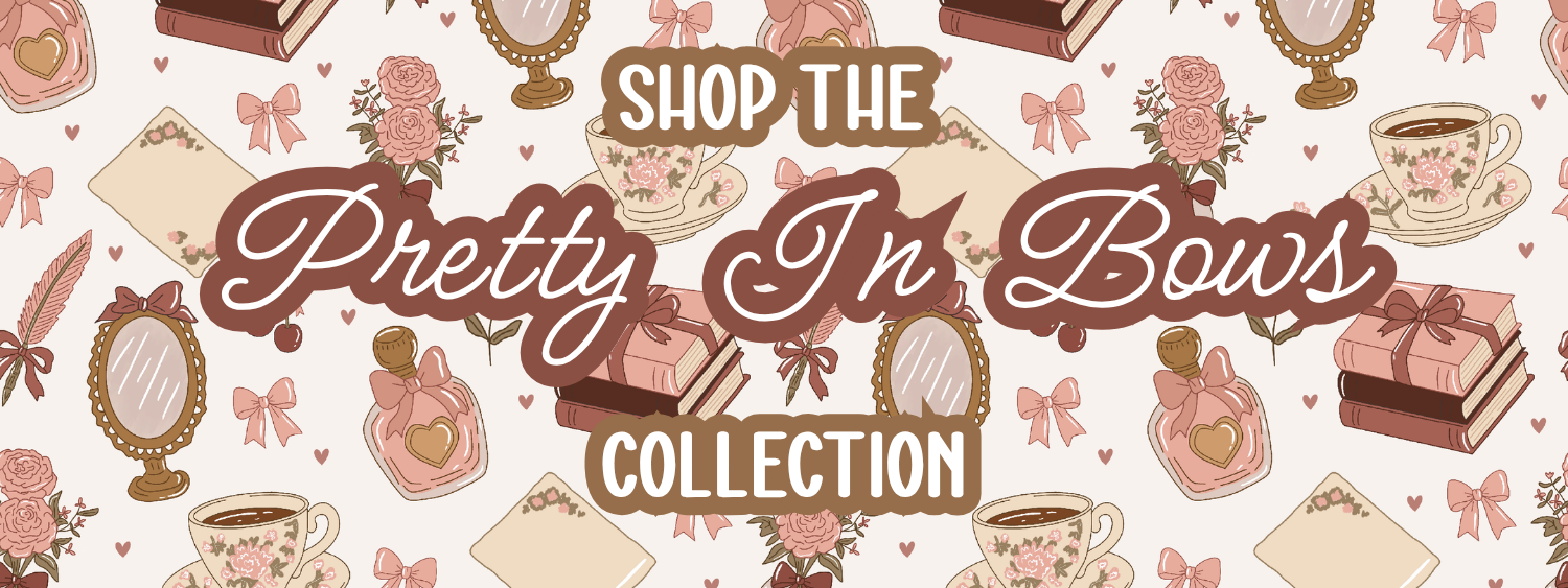Promotional graphic for 'Pretty In Bows' collection with decorative elements like teacups, bows, and boxes.