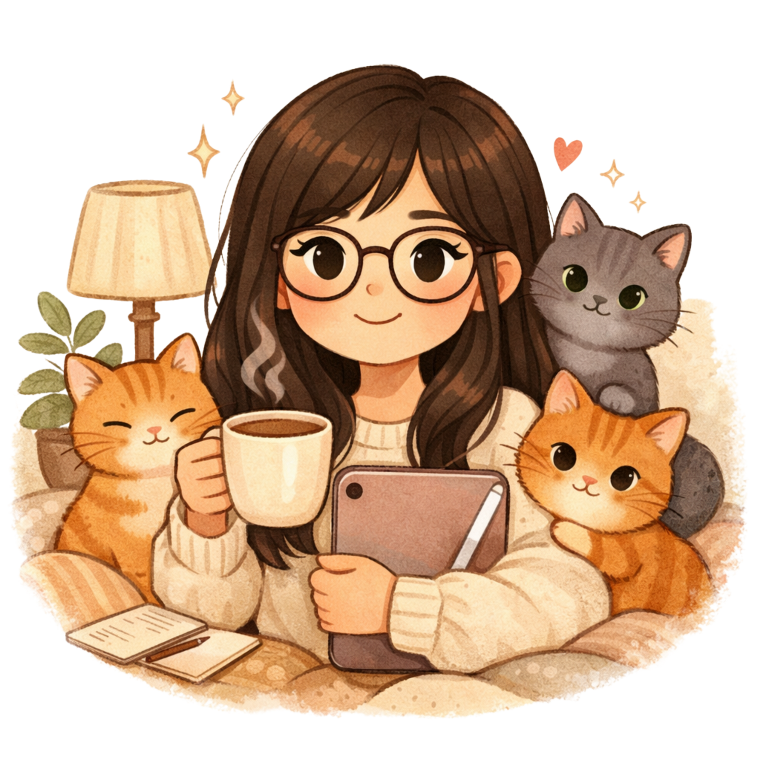 Illustration of a girl with glasses holding a mug and tablet, surrounded by three cats.