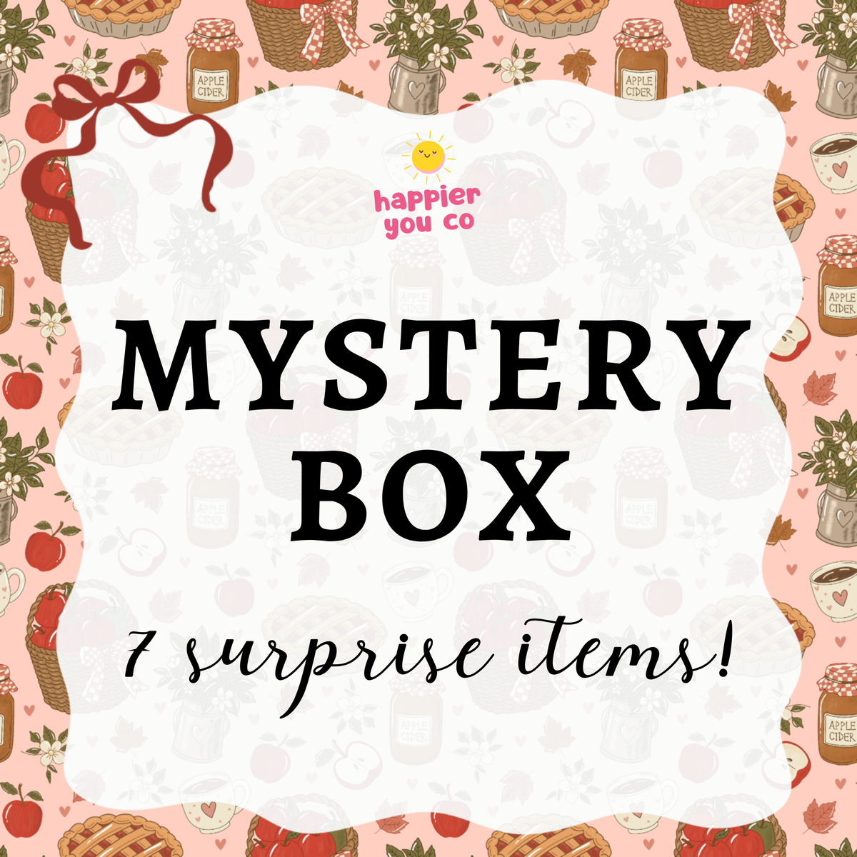 Promotional graphic for a 'Mystery Box' by happier you co, featuring a white scalloped label with black text on a pink patterned background with illustrations of pies, strawberries, and jars.